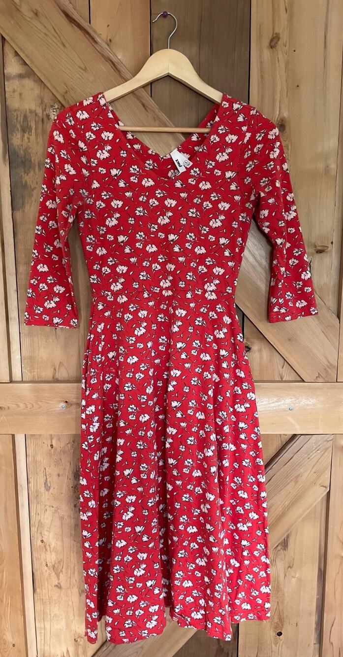 Pact Organic Cotton V-Neck Fit & Flare Midi Dress SZ S Orange Floral Sustainable